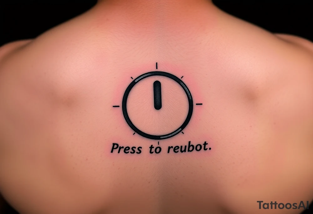 "Hyperrealistic tattoo of a PC power button (1:1 size).  
text: 'Press to reboot universe'.  
Style: Fake 3D, like actual button on skin. Black/red." tattoo idea