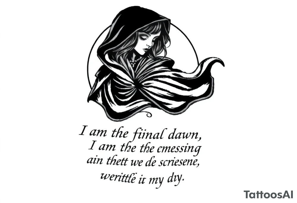 Gothic girl with a cape on in demi light circled around with these lyrics " I am the final dawn I am the flood and what was missing from those scriptures will be written in my blood" tattoo idea