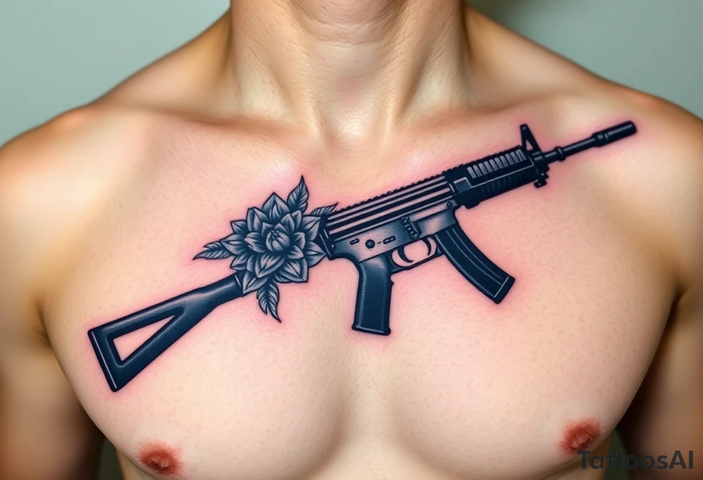 ak 47 black silhouette with floreal details tattoo idea