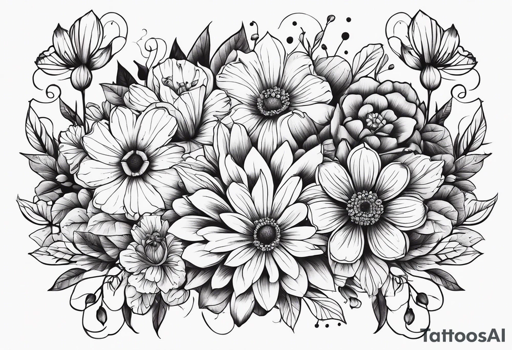 Symbolic shadowed black drawings on the background of different colored small multiple flowers tattoo idea