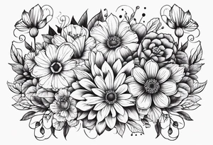 Symbolic shadowed black drawings on the background of different colored small multiple flowers tattoo idea