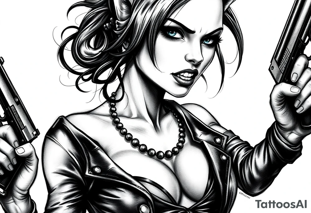 naked catgirl, slut, angry, leather, holding gun tattoo idea