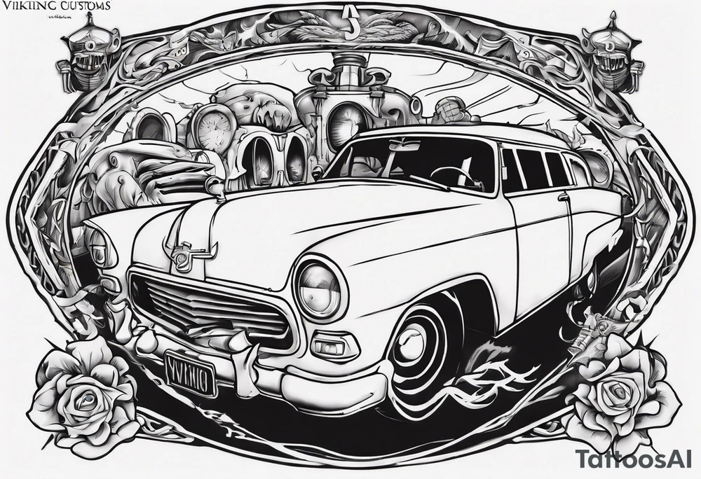 I want a tattoo of an old vintage open ceiling car and a vaking in the back with the name “Viking Customs” incorporated in the design tattoo idea