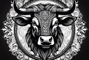Evil, scary bull with horns surrounded by fill work for back tattoo tattoo idea