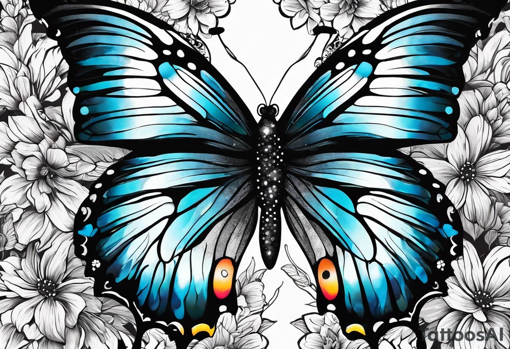5. Butterfly: “A vibrant butterfly with colorful wings, resting on a flower, showcasing transformation and beauty.” tattoo idea