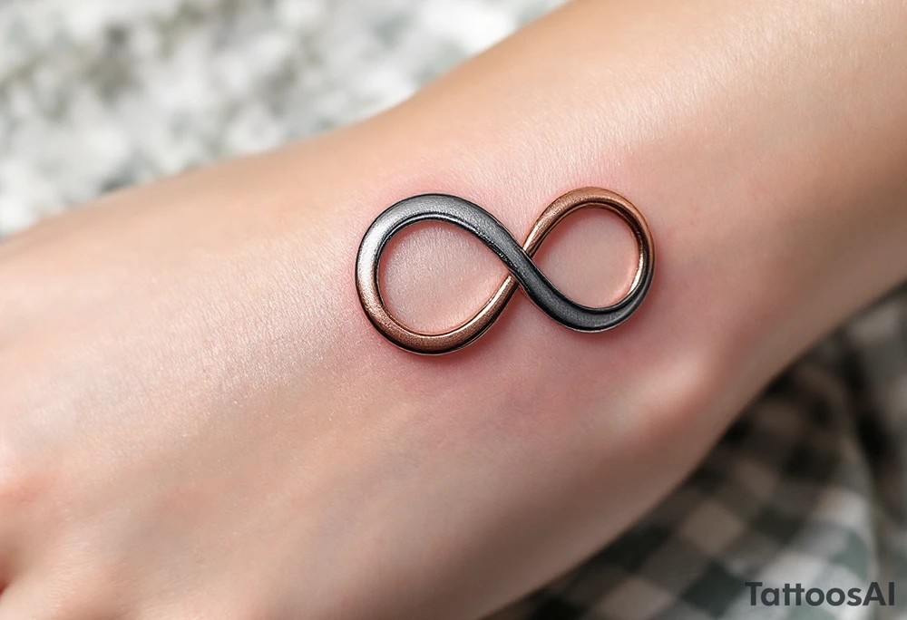 A metallic infinity symbol with engraved initials, reflecting chrome silver and rose gold, emphasizing an unbreakable bond. tattoo idea