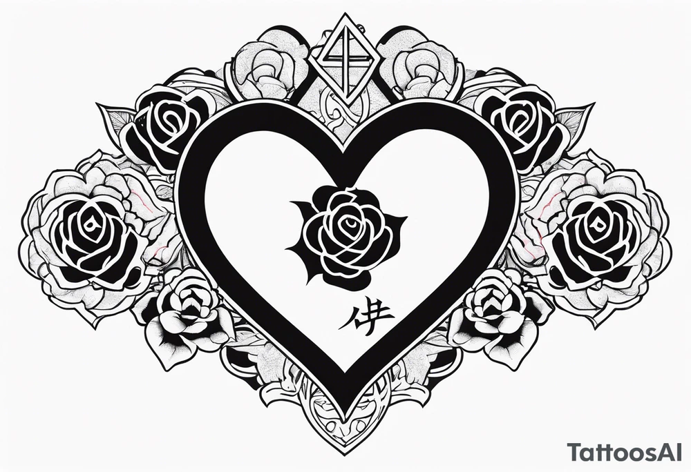 A big heart with my Japanese middle name (minoru) in Japanese characters inside of the heart. With 2 crosses and a rose inside of it tattoo idea