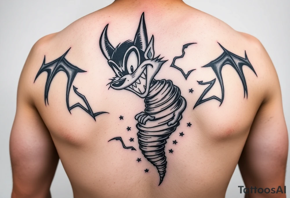 LOONEY toons tazmanian devil with half his body a tornado add initials BD, TD, LJ, MA, HE in the tornado on an upper arm tattoo idea