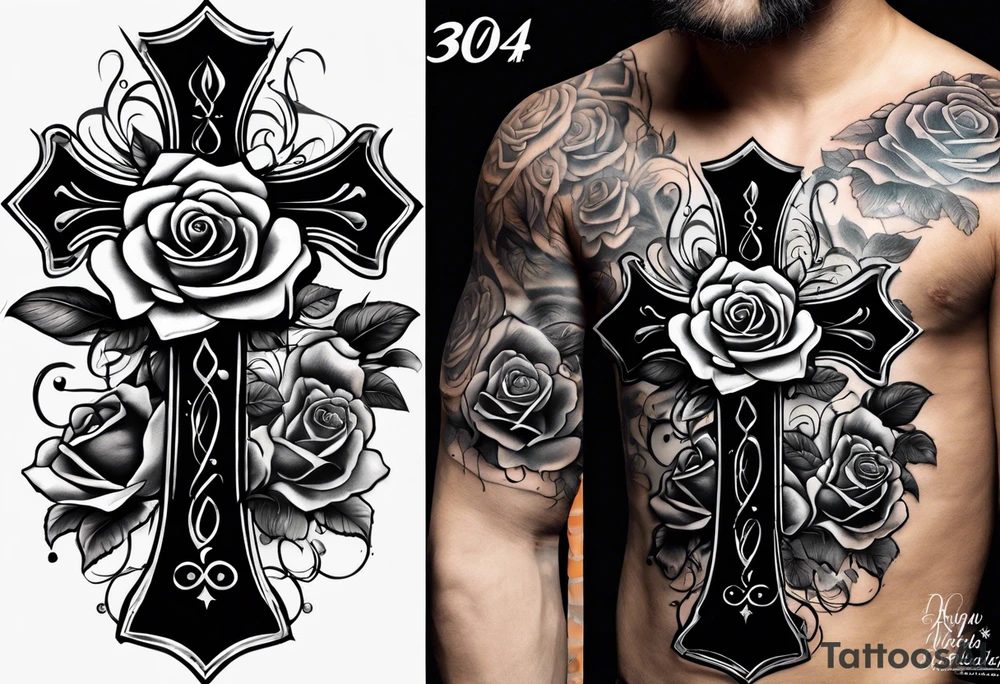 Cross that in the middle of it says “know your worth as well” and under it I would like my dads birthday the 30th of August 1966 and under that a rose tattoo idea