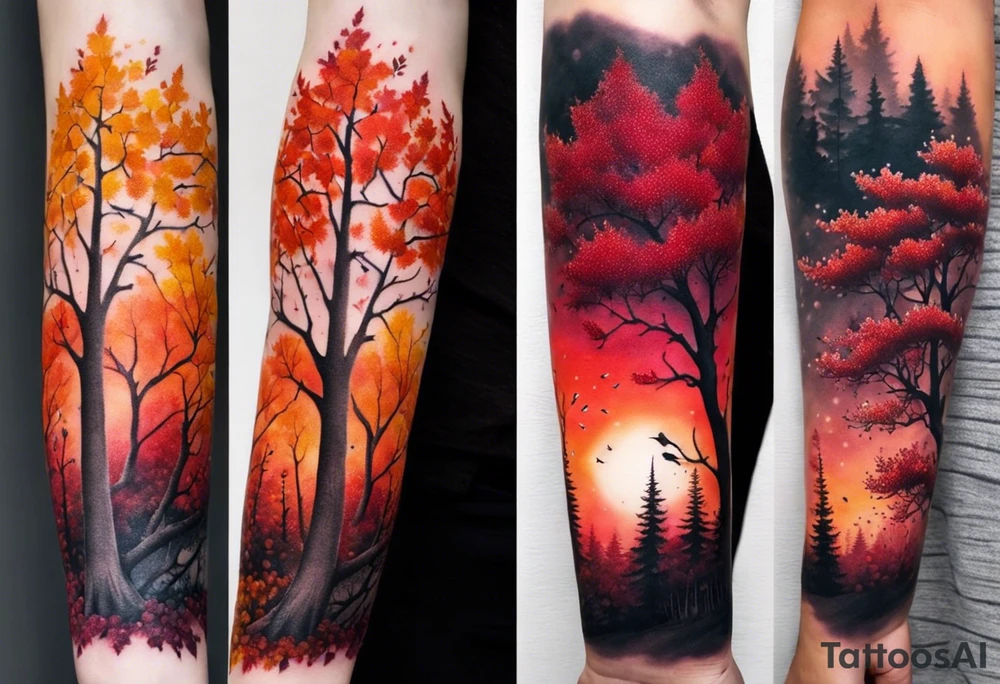 Arm tattoo. Long tattoo. Full sleeve. Shoulder. A single large maple tree with red autumn leaves that branches upwards from wrist to shoulder. White-throated dipper bird on the trees branches. Calluna flowers at the base of the trees stem. Tree stem has dark colors. Red/yellow sunset behind the trees stem. Leaves falling. tattoo idea