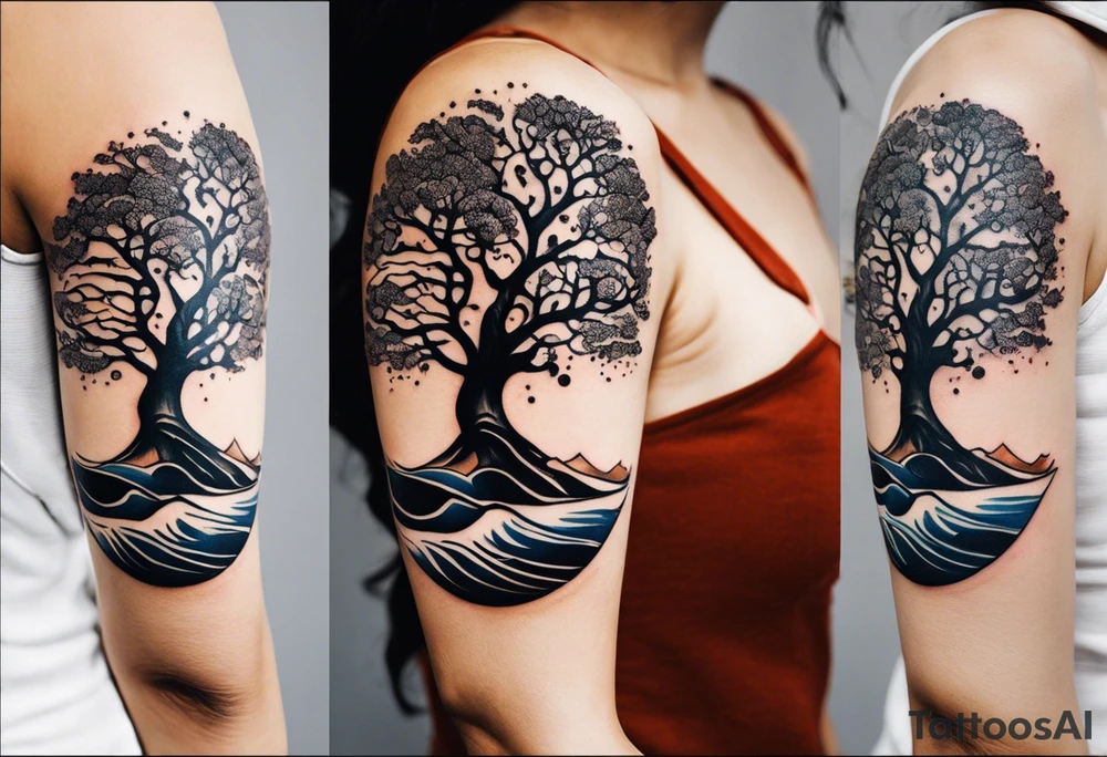 A tattoo of an abstract Tree of Life tattoo to be placed directly on the bicep of a woman. It can wrap around the arm a little. It should have roots growing out of the bottom. The roots slowly turn into water from the Great Wave by Hokusai. A golf flag should be placed discreetly growing out of the ground. 2 license plate tags should be hanging from the tree. Place a few music notes in the areas the leaves should be. The letters A U should be engraving into the tree trunk in a heart. Not inside a circle. The overall shape of the tattoo should be organic. Black and white only. tattoo idea