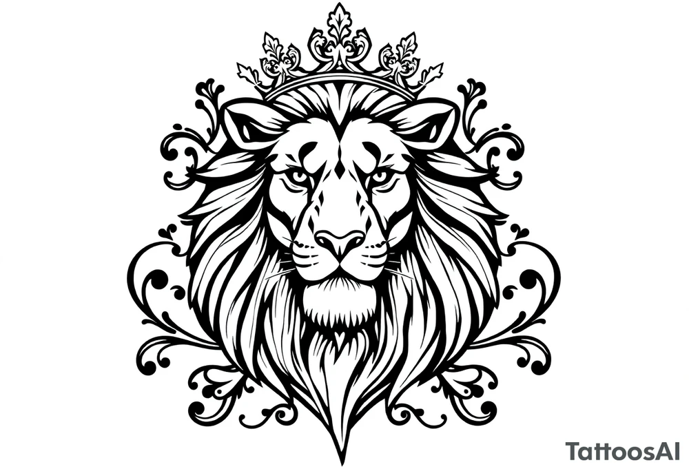 majestic lion wearing ornate crown, surrounded by baroque flourishes tattoo idea