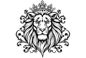 majestic lion wearing ornate crown, surrounded by baroque flourishes tattoo idea