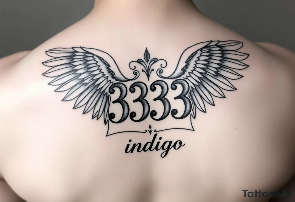 Angel number 333 with the name indigo in it tattoo idea