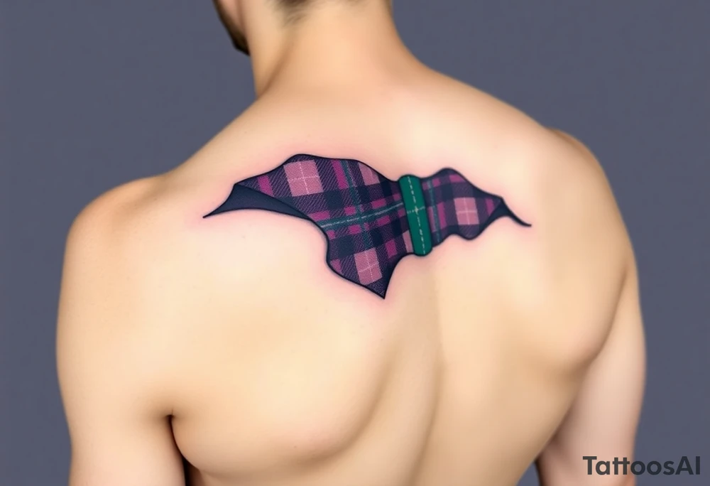 Dark Purple with green pink blue and white highlights tartan fabric with skin around edges peeling and wrapping around shoulder tattoo idea
