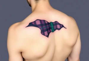 Dark Purple with green pink blue and white highlights tartan fabric with skin around edges peeling and wrapping around shoulder tattoo idea