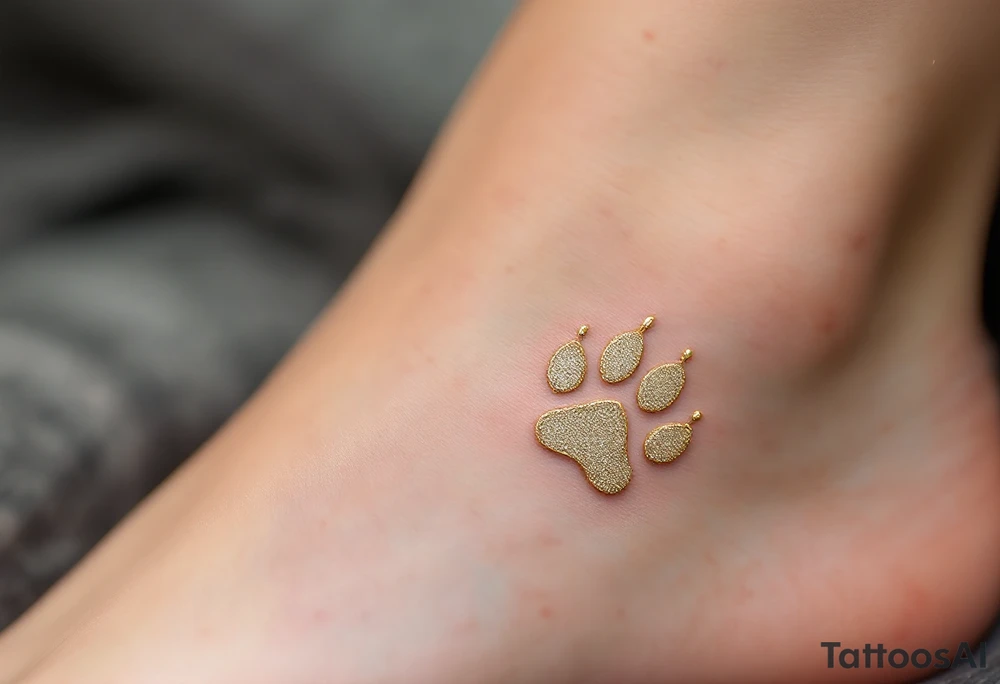 Single Gold Foil Paw Print – A single delicate paw outlined in shimmering metallic gold, placed near the heart or wrist, elegant and minimal. tattoo idea