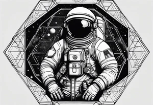 Astronaut floating in space with sacred geometry and hexagonal shapes tattoo idea