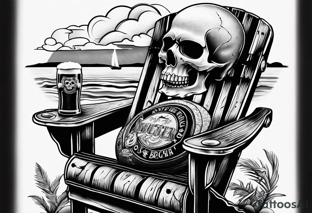 Skull smoke on the beach sitting in a beach chair with a beer in its hand tattoo idea