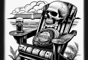 Skull smoke on the beach sitting in a beach chair with a beer in its hand tattoo idea