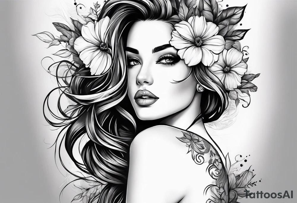 Rosto de mulher, e cabelos longos voando com traços finos e florais com folhas delicados tattoo idea