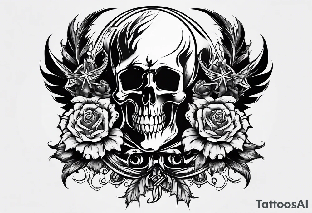 Un crâne assez hardcore avec une iroquoise en coupe de cheveux sur le crâne style punk/métal avec des flammes derrière et avec 2 os qui forment une croix tattoo idea