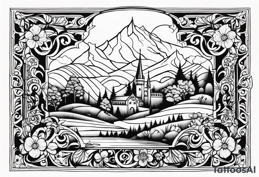 medieval tribal city 
floral  land sky vignette tattoo idea