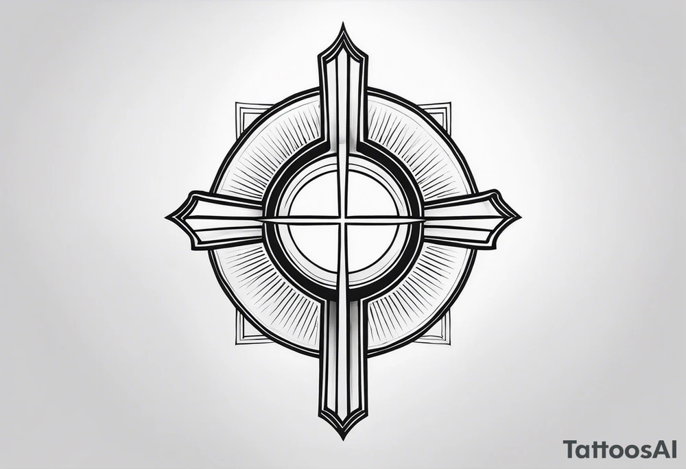 Minimalist Tattoo: A refined cross with a soft halo on top of it, symbolizing light and spirituality. Delicate rays extend outward from the halo, adding a subtle glow and depth. The cross itself is simple and elegant, with potential for small, intricate line details within the design. Style: Minimalist. tattoo idea
