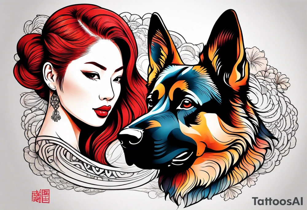 red hair woman with German shepherd dog tattoo idea