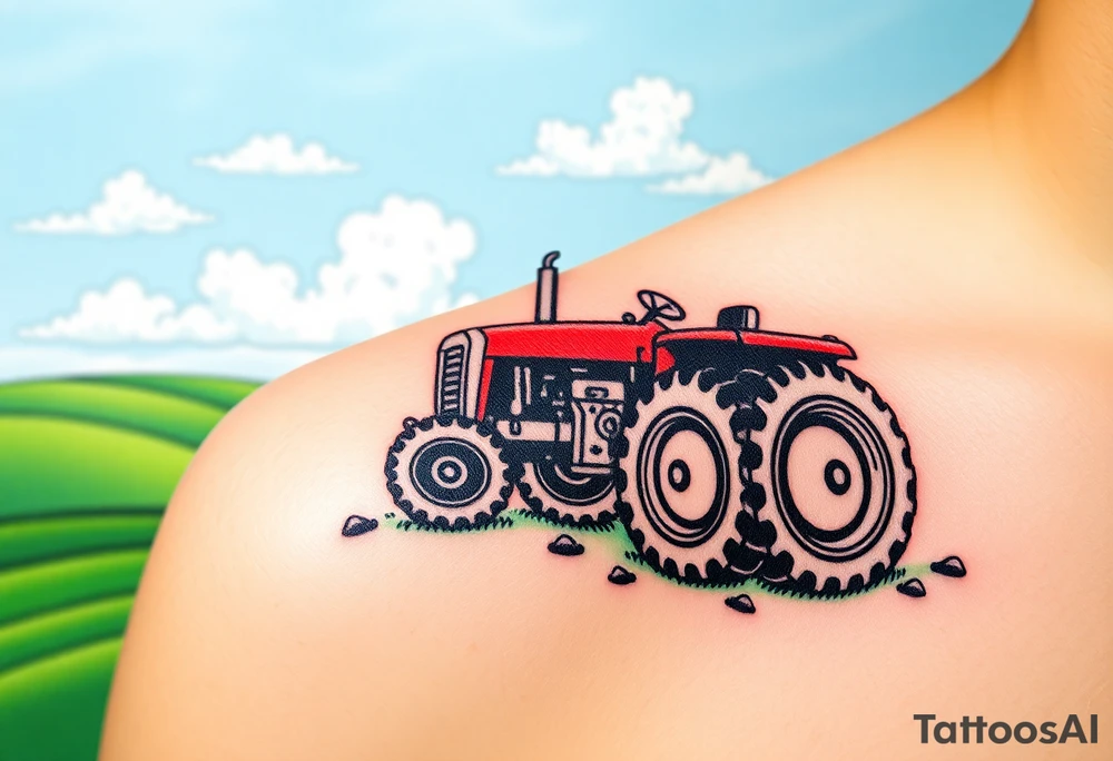 A tractor surrounded by rolling green hills, under a bright blue sky with white fluffy clouds tattoo idea