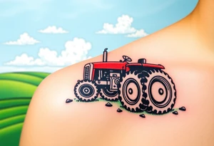 A tractor surrounded by rolling green hills, under a bright blue sky with white fluffy clouds tattoo idea