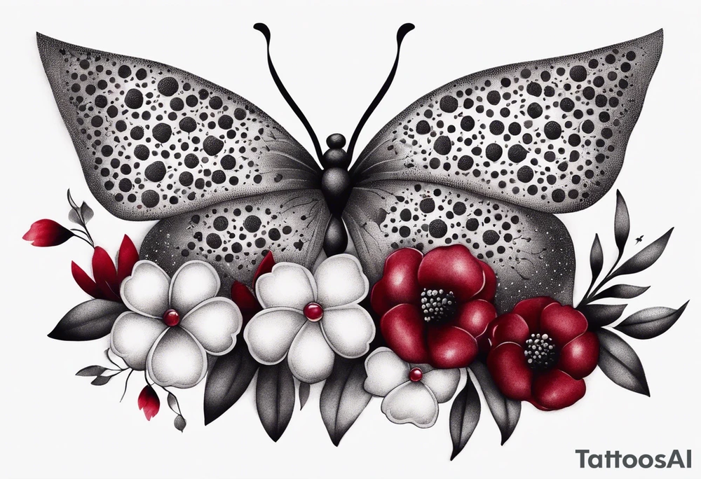 Flowers with "Ruby" in calligraphy font and butterflies around it tattoo idea