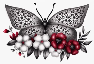 Flowers with "Ruby" in calligraphy font and butterflies around it tattoo idea