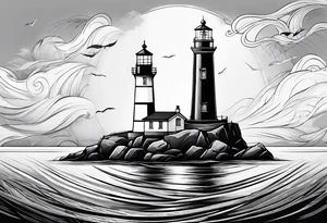 maritime lighthouse partially hidden by its 2 large fixed sails. tattoo idea