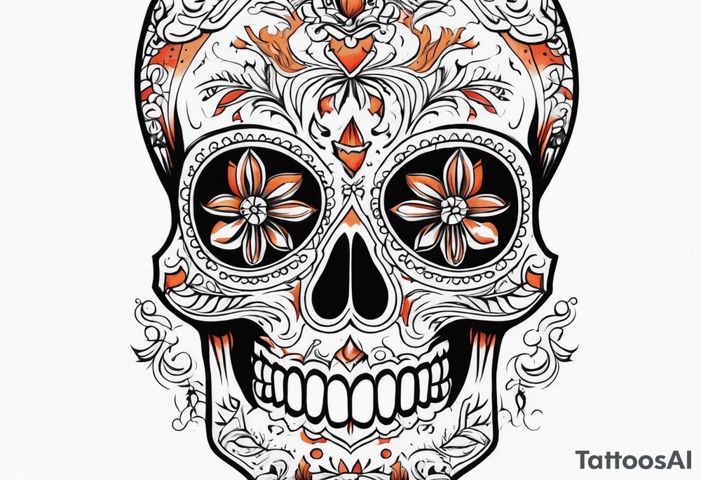Mexican skull with smoke coming from the bottom orange and red tattoo idea