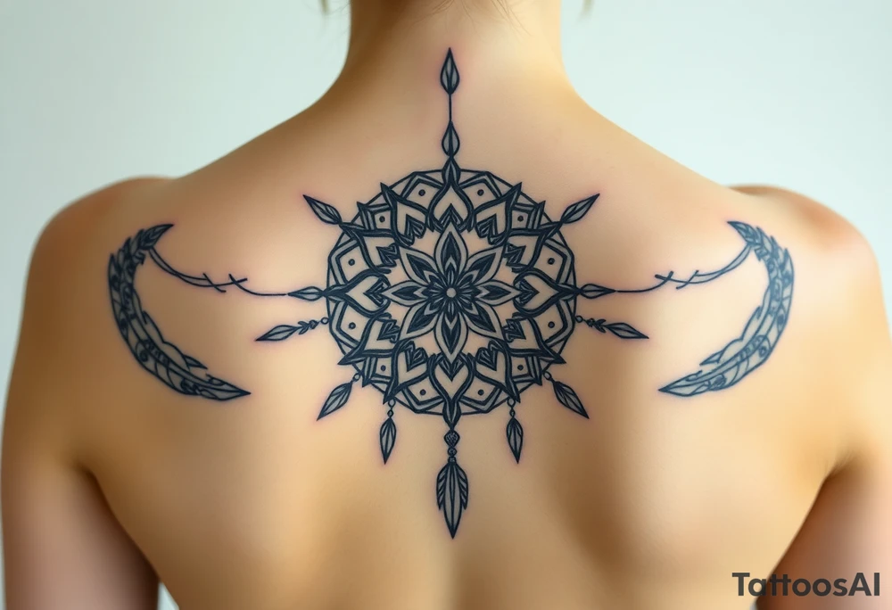 shaman symbols and mandalas and feathers wicca witch spiritual and sami culture big whole back tattoo idea