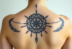 shaman symbols and mandalas and feathers wicca witch spiritual and sami culture big whole back tattoo idea