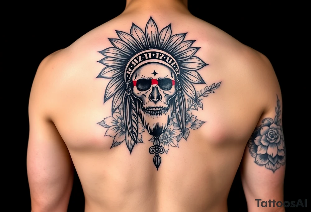 Arm sleeve tattoo. Starting at the shoulder black Indian headdress skull face with red strip war paint on left side of skull, Jesus Christ on forearm, floral background, MMXII and MMXIV on each side of Jesus. tattoo idea