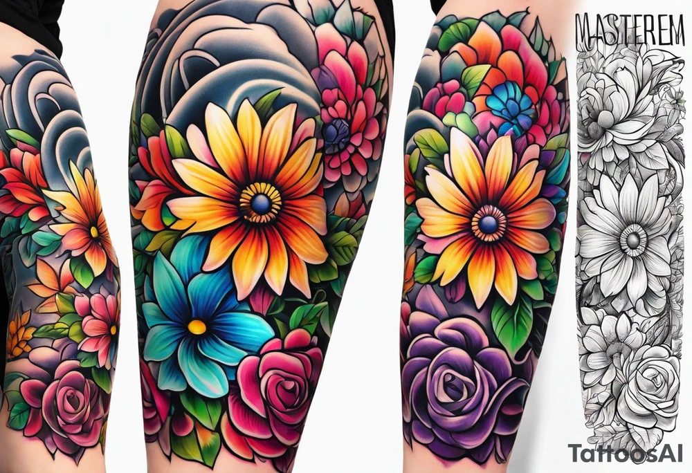 Arm sleeve dedicated to mom with rainbow flowers tattoo idea