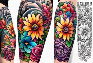 Arm sleeve dedicated to mom with rainbow flowers tattoo idea