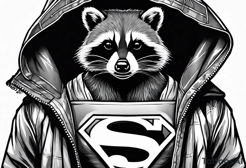 raccoon wearing a Superman hoodie tattoo idea