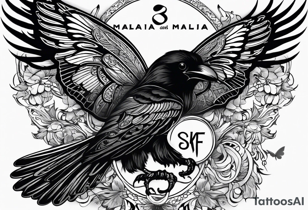 A black and white tattoo.
A butterfly flies. A raven flies. 
The animals fly around the name Malia.

In the background is the name Malia.
In the background is the name SKF.
The number 89 can be seen in the background.
There is also a scorpion in the wing of the butterfly.
This tattoo is black and white and on the arm. tattoo idea