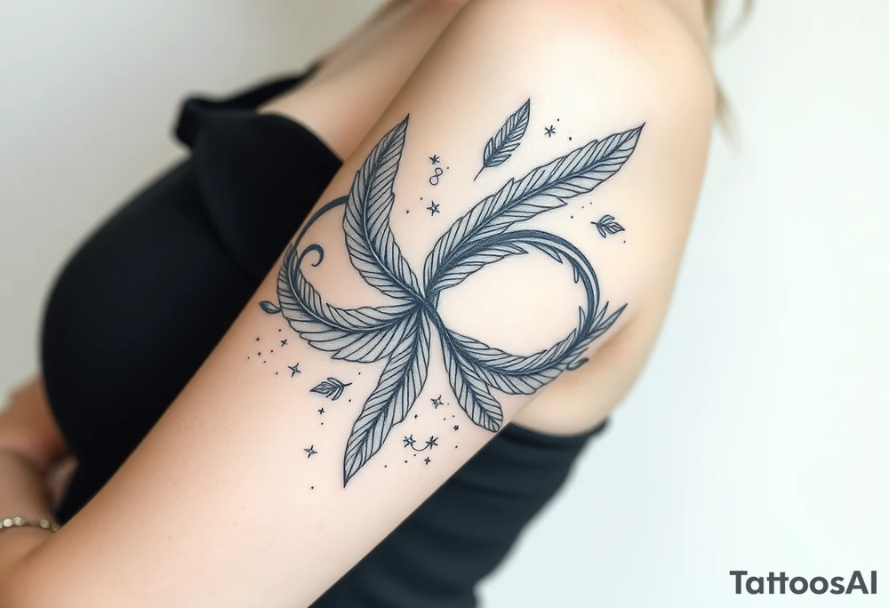 infinity symbol woven with floating feathers and stardust tattoo idea