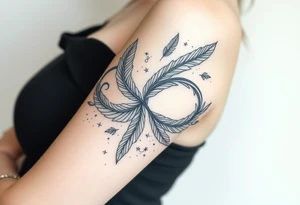 infinity symbol woven with floating feathers and stardust tattoo idea