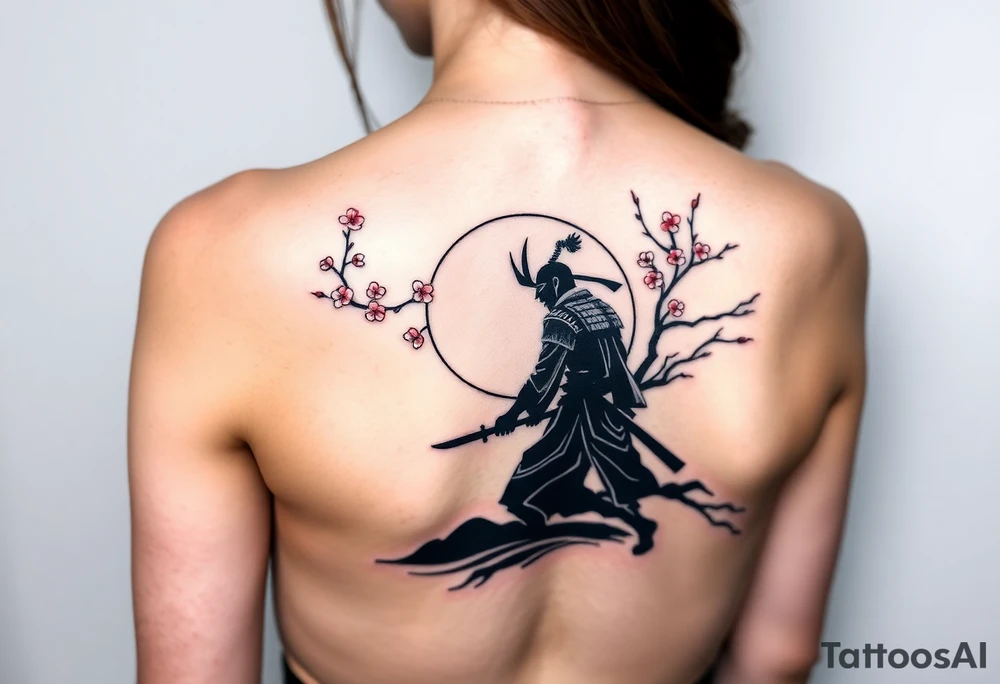 noble samurai warrior silhouette at sunset with cherry blossoms tattoo idea