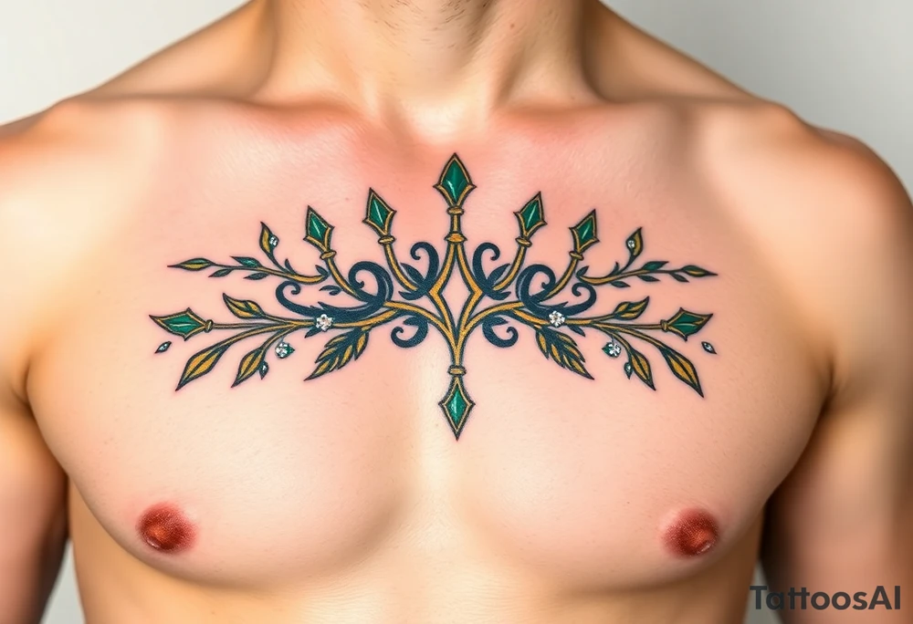 A crown made of intertwined vines with diamond flowers scattered throughout, rendered in green and gold with diamond-like sparkles in white and pale blue. tattoo idea
