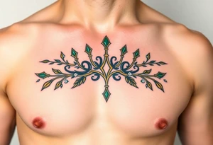 A crown made of intertwined vines with diamond flowers scattered throughout, rendered in green and gold with diamond-like sparkles in white and pale blue. tattoo idea