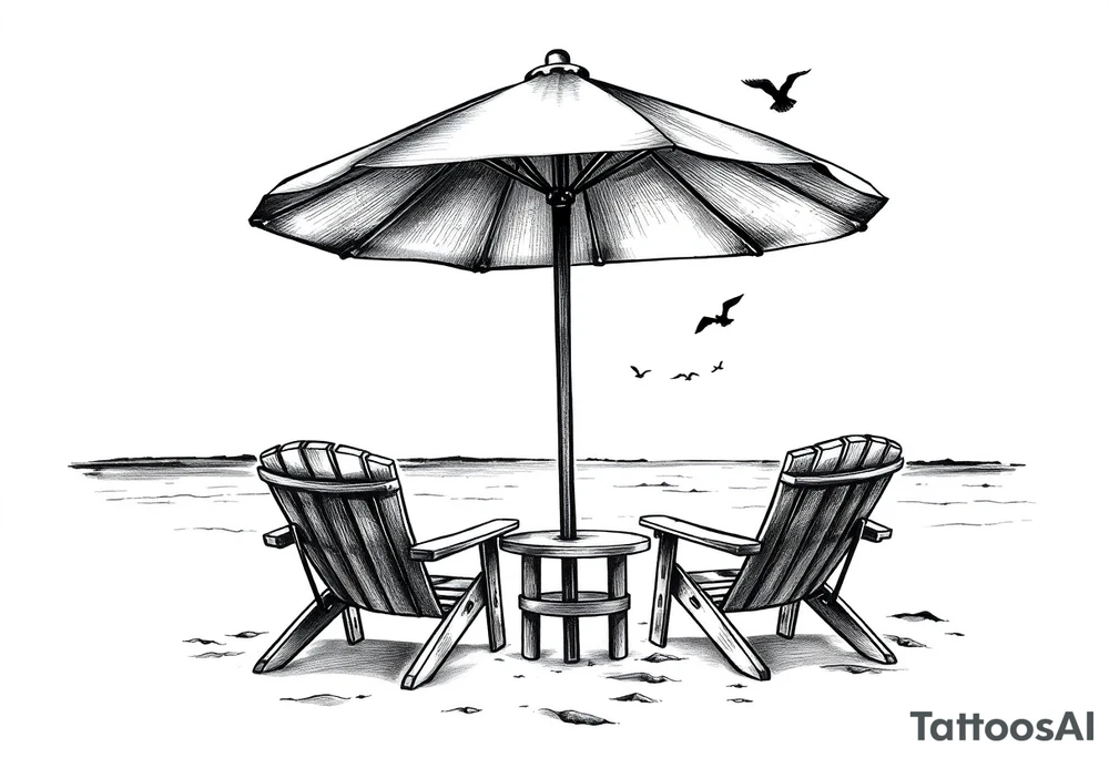 Beach scene with 2 chairs and umbrella and palm tree with bird silhouettes in the sky tattoo idea