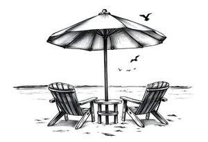 Beach scene with 2 chairs and umbrella and palm tree with bird silhouettes in the sky tattoo idea