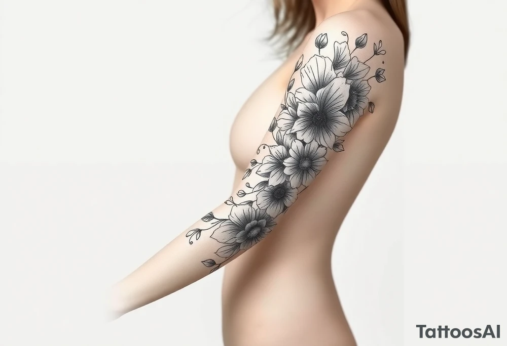 Brush style full sleeve with flowers. Not perfect lines. Abstract. Artistic. Unique tattoo idea